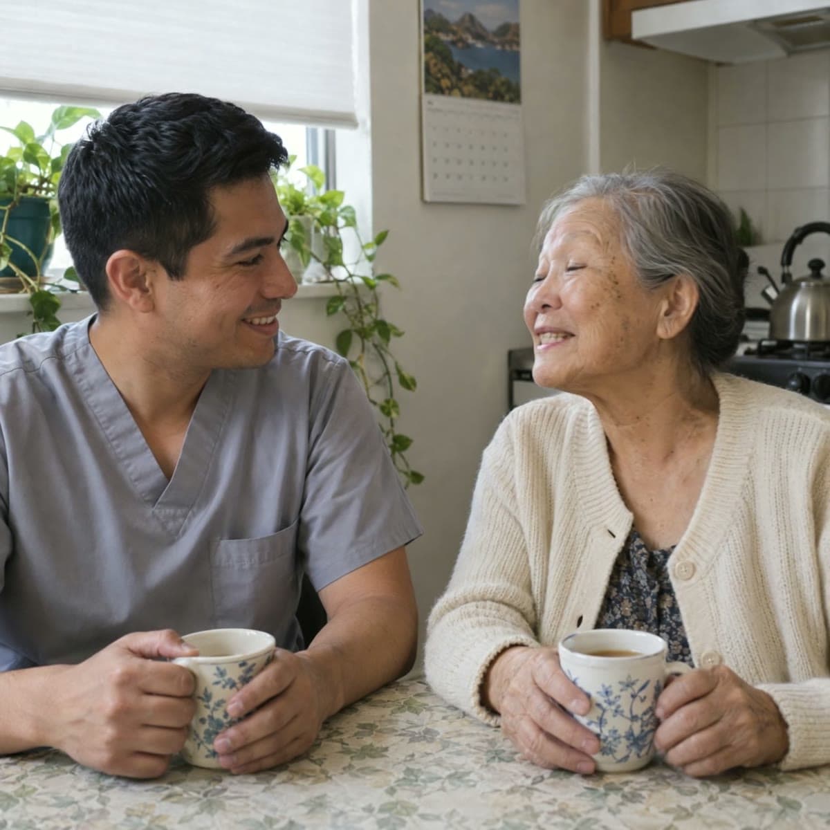 A man in light gray scrubs and an older woman in a cream cardigan share a laugh at a kitchen table, each holding a mug of tea.