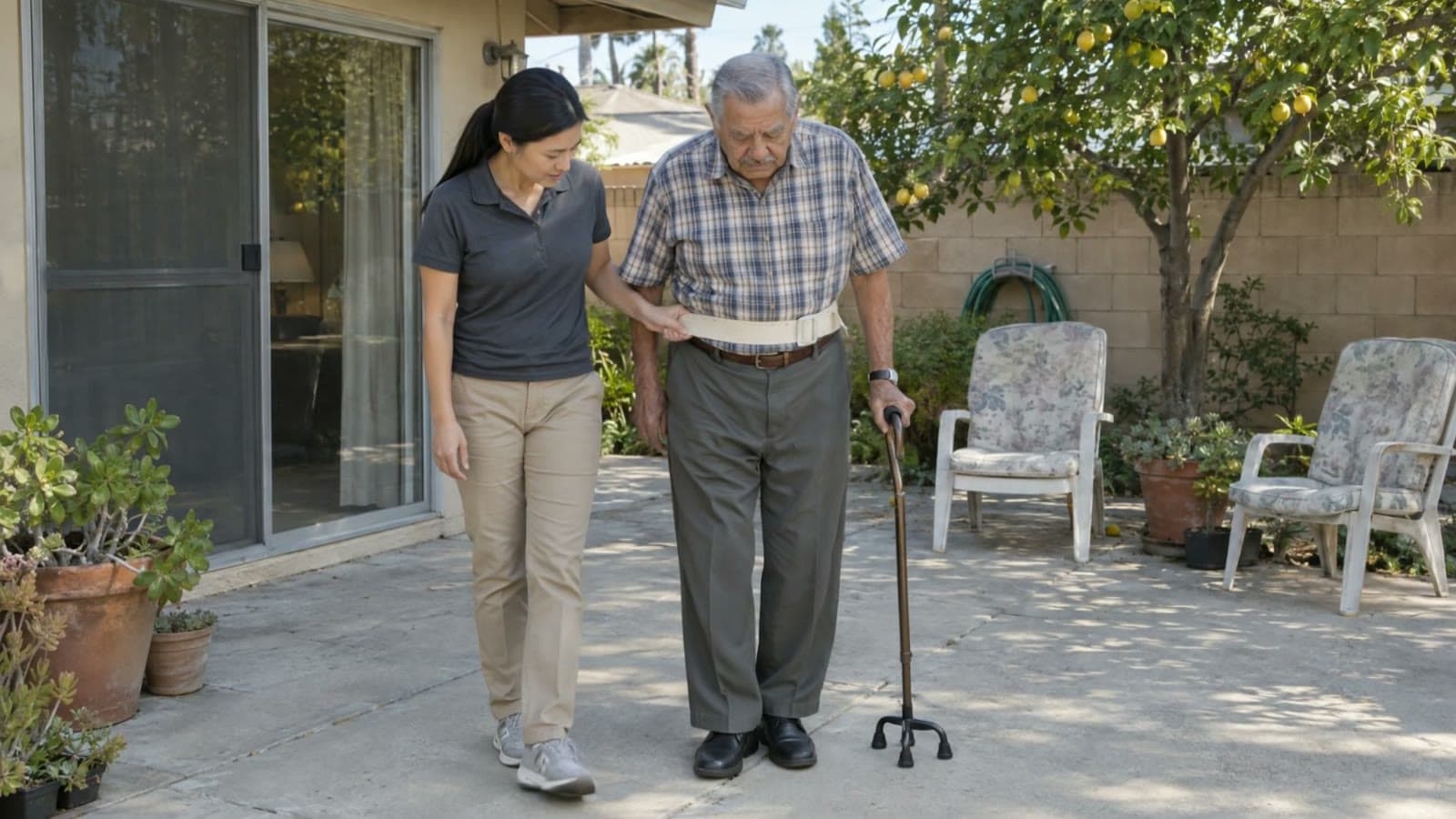 A therapist in a charcoal polo walks beside an older man using a four-point cane across a backyard patio, holding a gait belt at his waist.